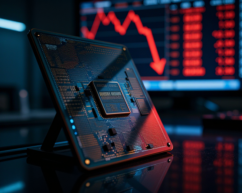 A cinematic and melancholic close-up of a glowing semiconductor wafer partially obscured by shadows, with a digital stock market ticker in the background displaying sharp red downward trends. The setting is a dimly lit, modern financial office in Seoul at night. Soft blue and deep red color palette, heavy film grain, high contrast, macro photography, intricate textures of the silicon surface, reflective atmosphere, 8k resolution.